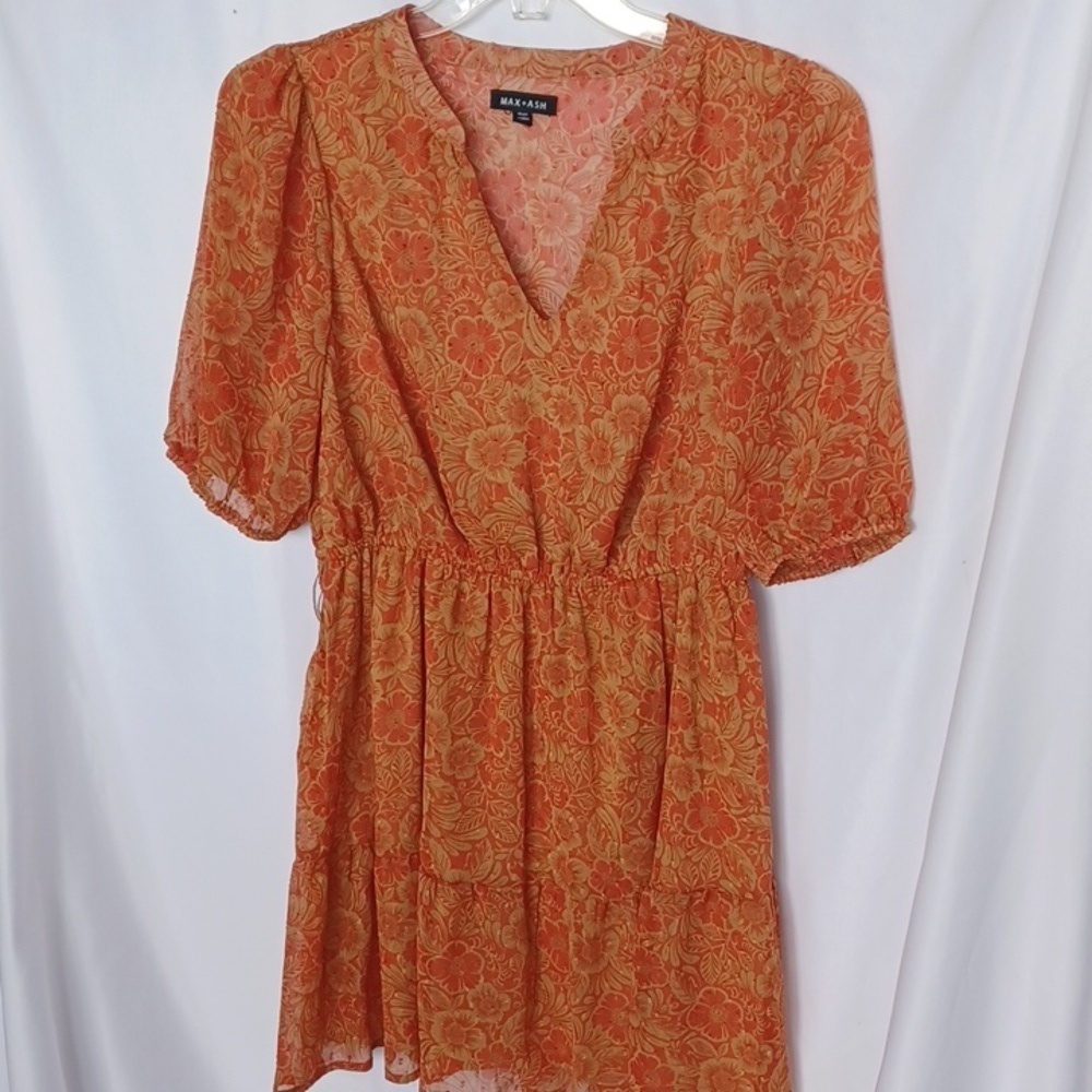Max + Ash Boho Floral Rust Color Ruffle Dress, Puff Sleeve, Size L, 20"Ptp, 34"L